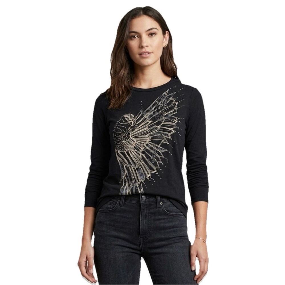 Key Closet War Bird Black Graphic Longsleeve Swarovski Crystals Women Size Small